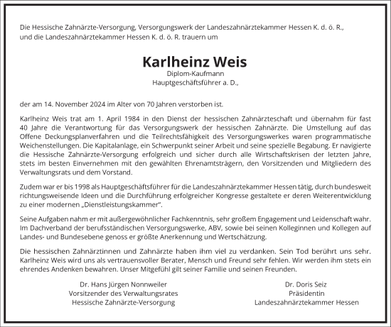 Traueranzeige von Karlheinz Weis von Frankfurter Allgemeine Zeitung