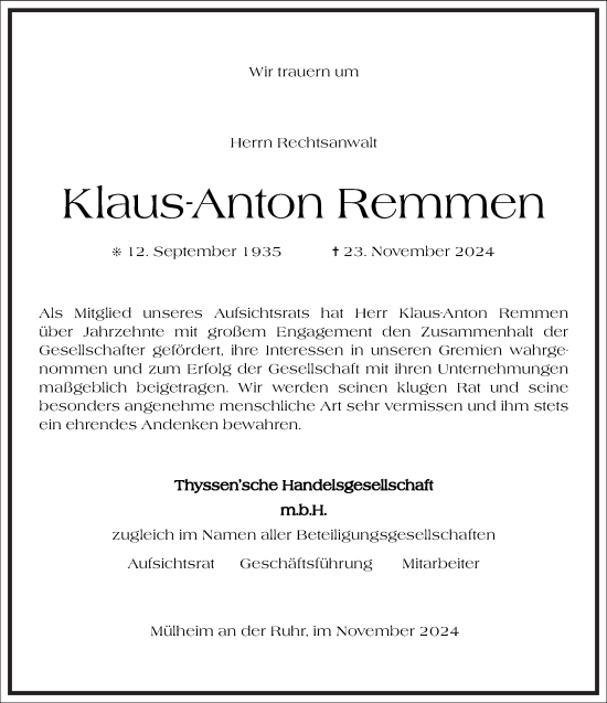 Traueranzeige von Klaus-Anton Remmen von Frankfurter Allgemeine Zeitung