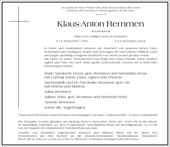 Traueranzeige von Klaus-Anton Remmen von Frankfurter Allgemeine Zeitung