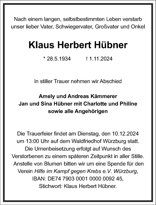 Traueranzeige von Klaus Herbert Hübner von Frankfurter Allgemeine Zeitung