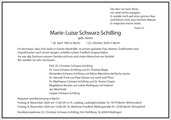 Traueranzeige von Marie-Luise Schwarz-Schilling von Frankfurter Allgemeine Zeitung