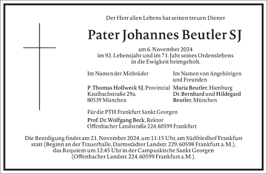 Traueranzeige von Pater Johannes Beutler von Frankfurter Allgemeine Zeitung