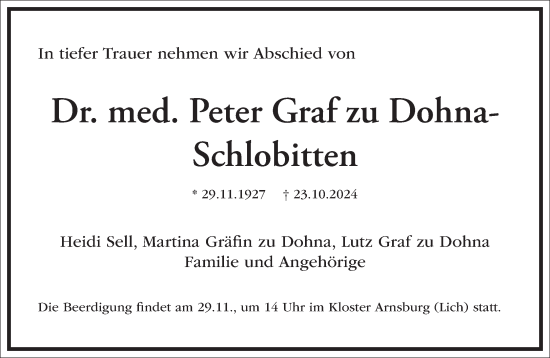 Traueranzeige von Peter Graf zu Dohna-Schlobitten von Frankfurter Allgemeine Zeitung