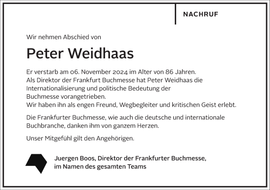 Traueranzeige von Peter Weidhaas von Frankfurter Allgemeine Zeitung