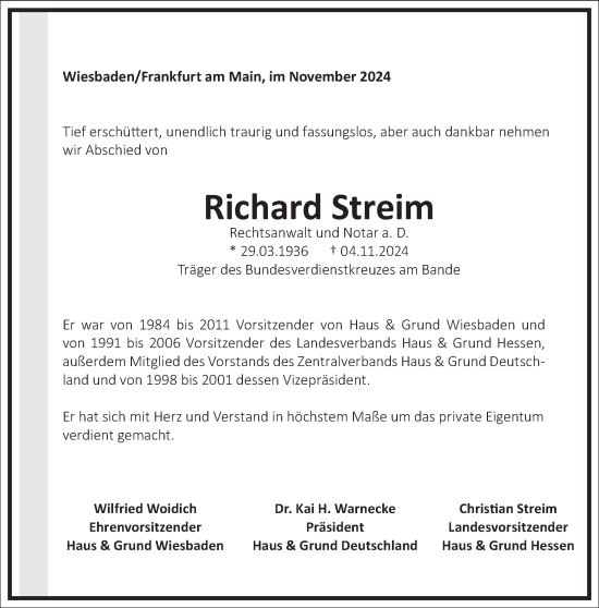 Traueranzeige von Richard Streim von Frankfurter Allgemeine Zeitung