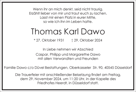 Traueranzeige von Thomas Karl Dawo von Frankfurter Allgemeine Zeitung