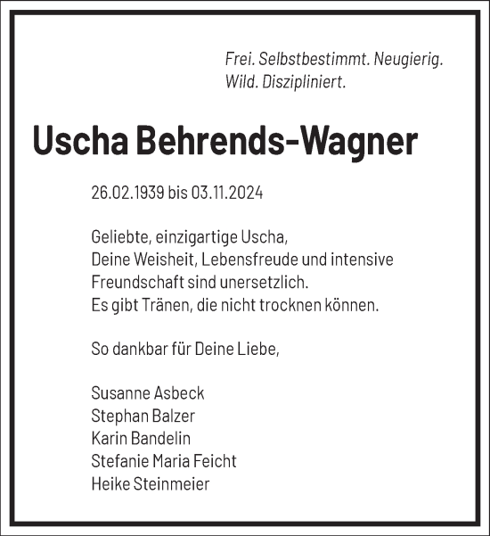 Traueranzeige von Uscha Behrends-Wagner von Frankfurter Allgemeine Zeitung