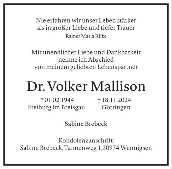 Traueranzeige von Volker Mallison von Frankfurter Allgemeine Zeitung