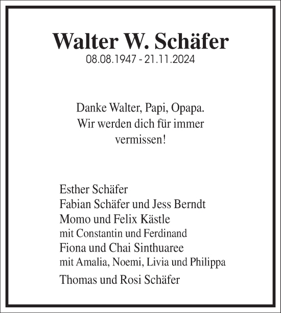 Traueranzeige von Walter W. Schäfer von Frankfurter Allgemeine Zeitung