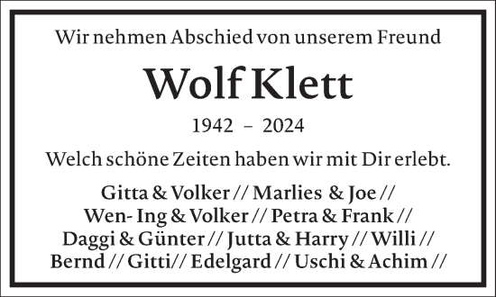 Traueranzeige von Wolf Klett von Frankfurter Allgemeine Zeitung