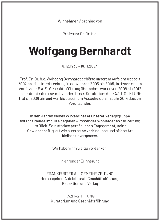 Traueranzeige von Wolfgang Bernhardt von Frankfurter Allgemeine Zeitung