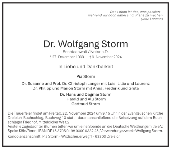 Traueranzeige von Wolfgang Storm von Frankfurter Allgemeine Zeitung