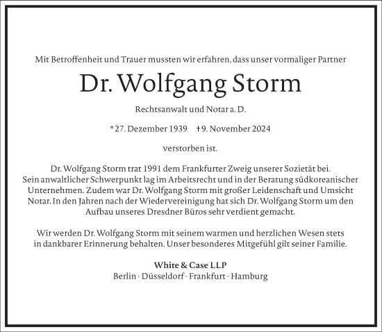 Traueranzeige von Wolfgang Storm von Frankfurter Allgemeine Zeitung