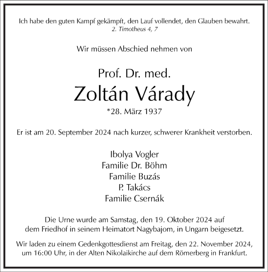 Traueranzeige von Zoltan Varady von Frankfurter Allgemeine Zeitung