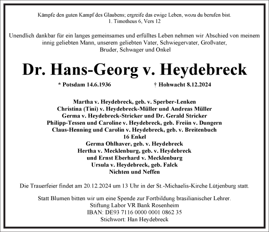 Traueranzeige von Hans-Georg v. Heydebreck von Frankfurter Allgemeine Zeitung