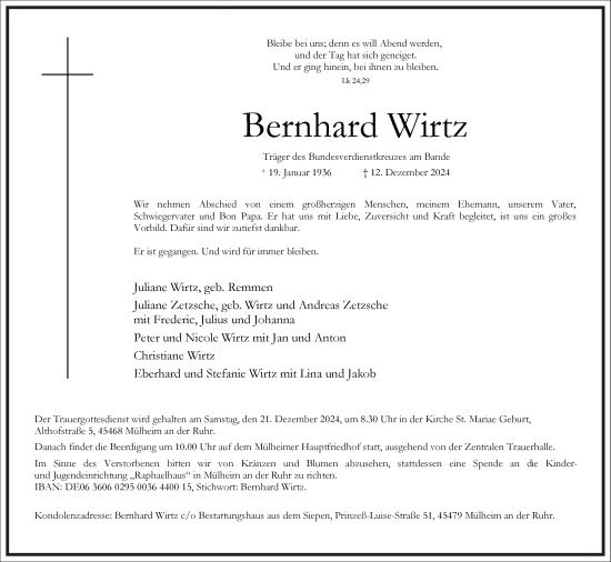 Traueranzeige von Bernhard Wirtz von Frankfurter Allgemeine Zeitung