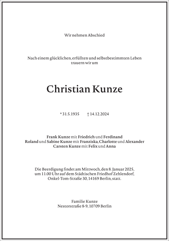 Traueranzeige von Christian Kunze von Frankfurter Allgemeine Zeitung