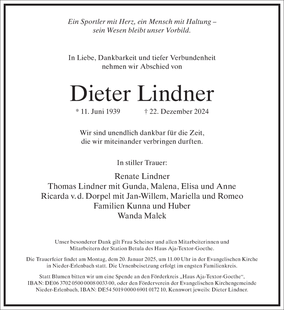  Traueranzeige für Dieter Lindner vom 28.12.2024 aus Frankfurter Allgemeine Zeitung