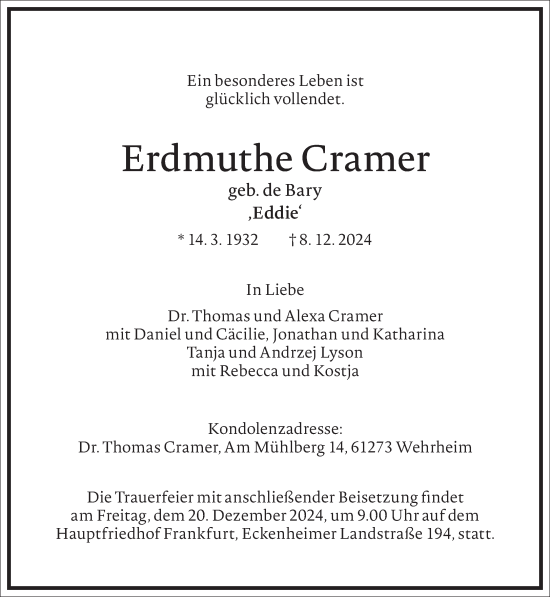 Traueranzeige von Erdmuthe Cramer von Frankfurter Allgemeine Zeitung