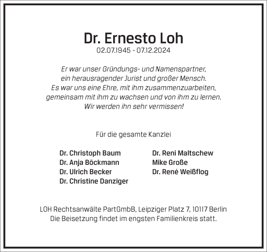 Traueranzeige von Ernesto Loh von Frankfurter Allgemeine Zeitung