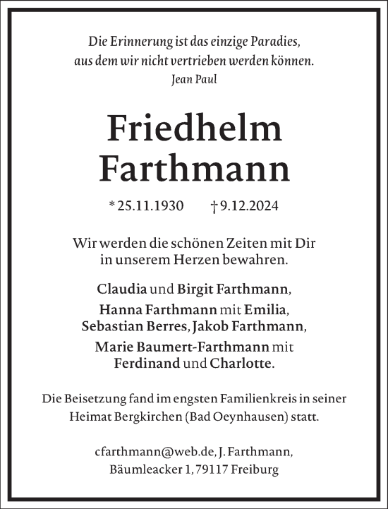 Traueranzeige von Friedhelm Farthmann von Frankfurter Allgemeine Zeitung