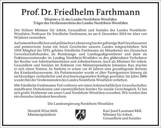 Traueranzeige von Friedhelm Farthmann von Frankfurter Allgemeine Zeitung