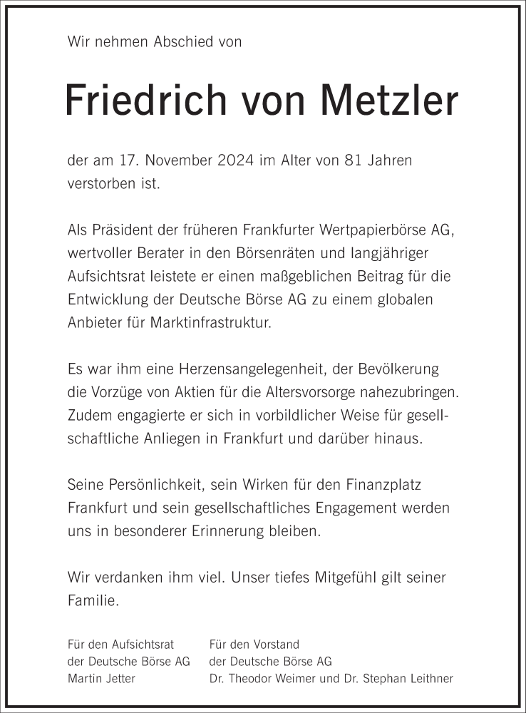  Traueranzeige für Friedrich von Metzler vom 23.11.2024 aus Frankfurter Allgemeine Zeitung