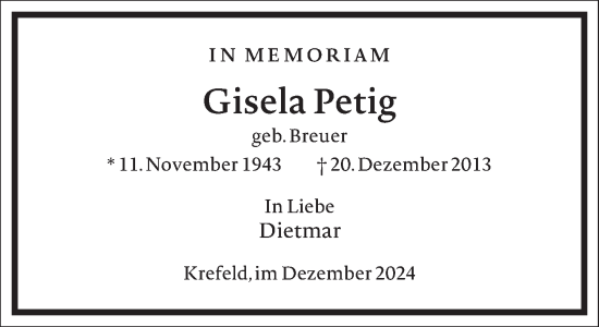 Traueranzeige von Gisela Petig von Frankfurter Allgemeine Zeitung