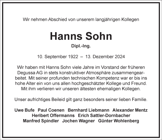 Traueranzeige von Hanns Sohn von Frankfurter Allgemeine Zeitung