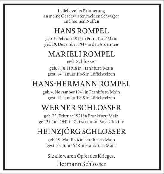 Traueranzeige von Hans-Hermann Rompel von Frankfurter Allgemeine Zeitung