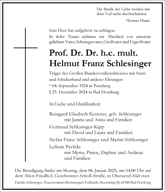 Traueranzeige von Helmut Franz Schlesinger von Frankfurter Allgemeine Zeitung