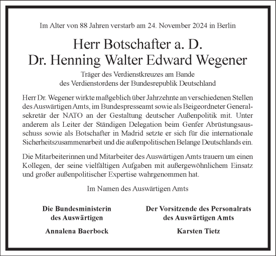 Traueranzeige von Henning Walter Edward Wegener von Frankfurter Allgemeine Zeitung