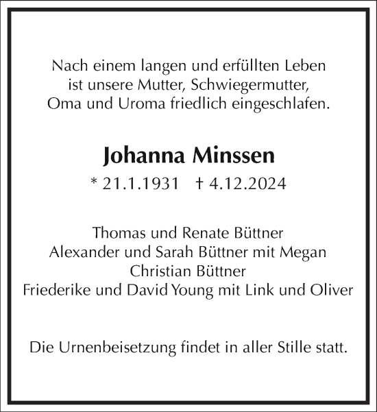 Traueranzeige von Johanna Minssen von Frankfurter Allgemeine Zeitung