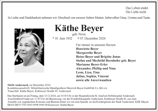 Traueranzeige von Käthe Beyer von Frankfurter Allgemeine Zeitung