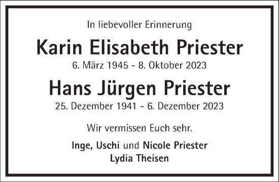 Traueranzeige von Karin Elisabeth Priester von Frankfurter Allgemeine Zeitung