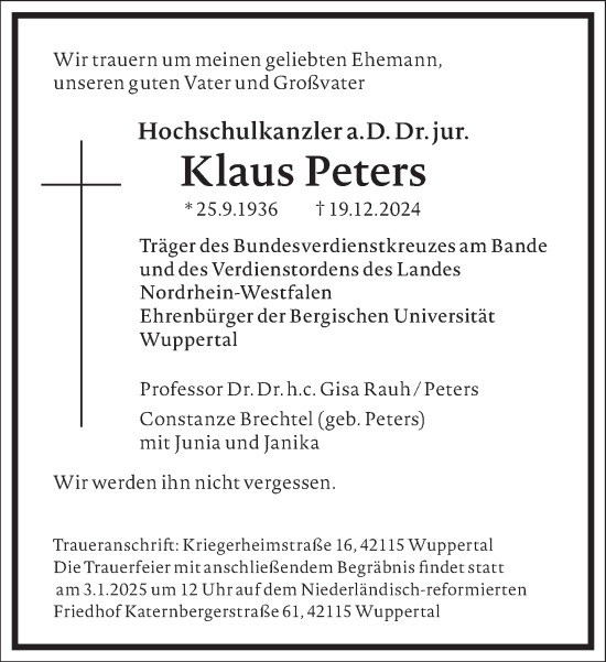 Traueranzeigen Von Klaus Peters Frankfurter Allgemeine Lebenswege