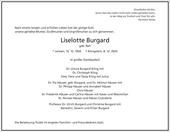 Traueranzeige von Liselotte Burgard von Frankfurter Allgemeine Zeitung