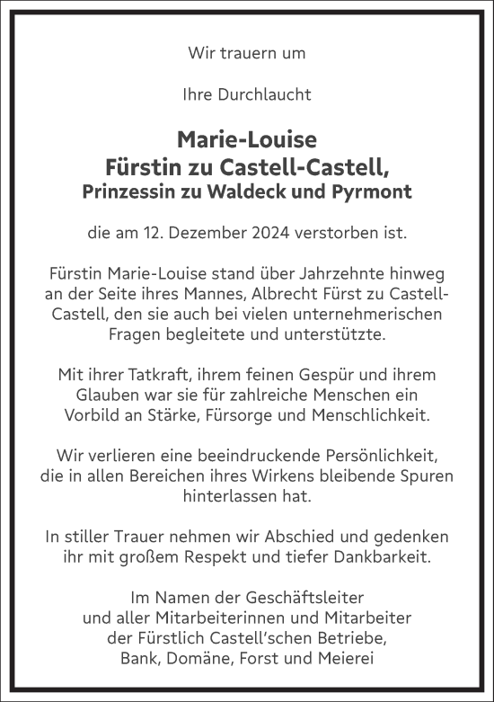 Traueranzeige von Marie-Louise Fürstin zu Castell-Castell von Frankfurter Allgemeine Zeitung