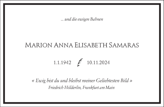 Traueranzeige von Marion Anna Elisabeth Samaras von Frankfurter Allgemeine Zeitung