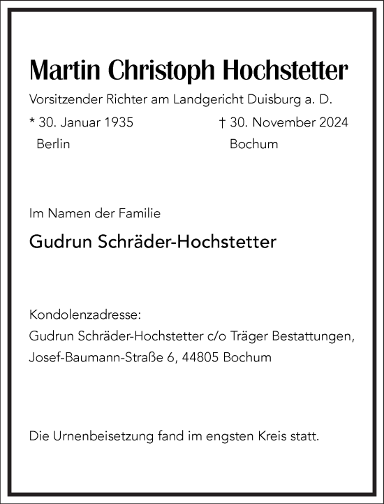 Traueranzeige von Martin Christoph Hochstetter von Frankfurter Allgemeine Zeitung