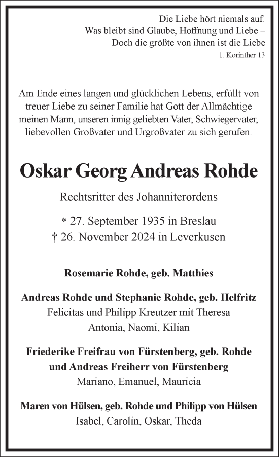 Traueranzeige von Oskar Georg Andreas Rohde von Frankfurter Allgemeine Zeitung