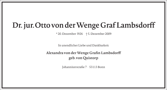 Traueranzeige von Otto  von der Wenge Graf Lambsdorff von Frankfurter Allgemeine Zeitung