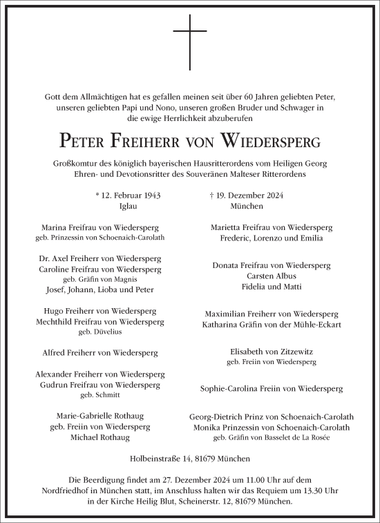 Traueranzeige von Peter Freiherr von Wiedersperg von Frankfurter Allgemeine Zeitung