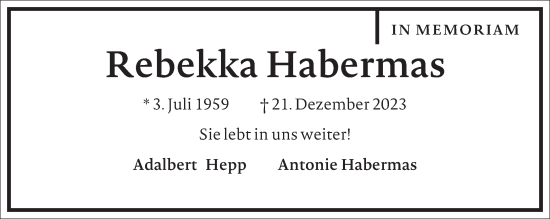 Traueranzeige von Rebekka Habermas von Frankfurter Allgemeine Zeitung