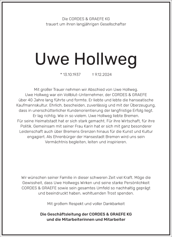 Traueranzeige von Uwe Hollweg von Frankfurter Allgemeine Zeitung