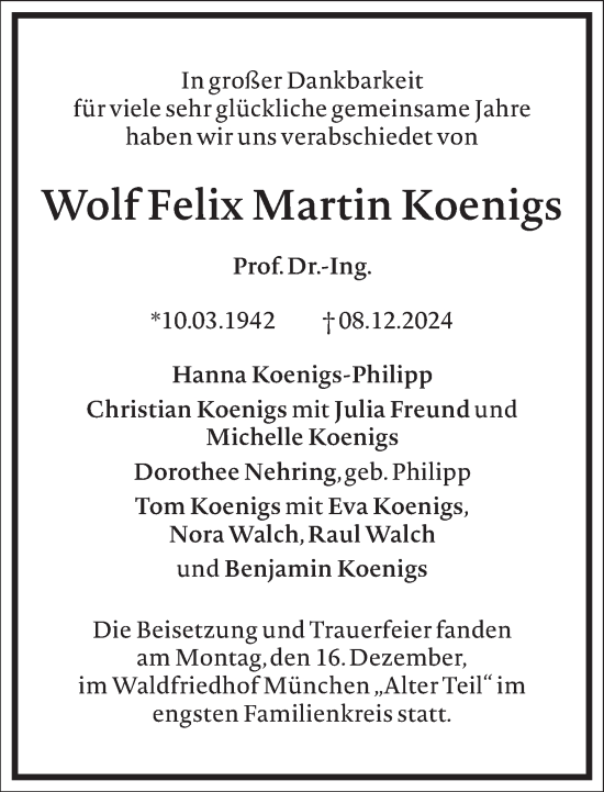 Traueranzeige von Wolf Felix Martin Koenigs von Frankfurter Allgemeine Zeitung