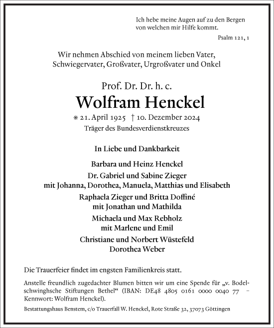 Traueranzeige von Wolfram Henckel von Frankfurter Allgemeine Zeitung