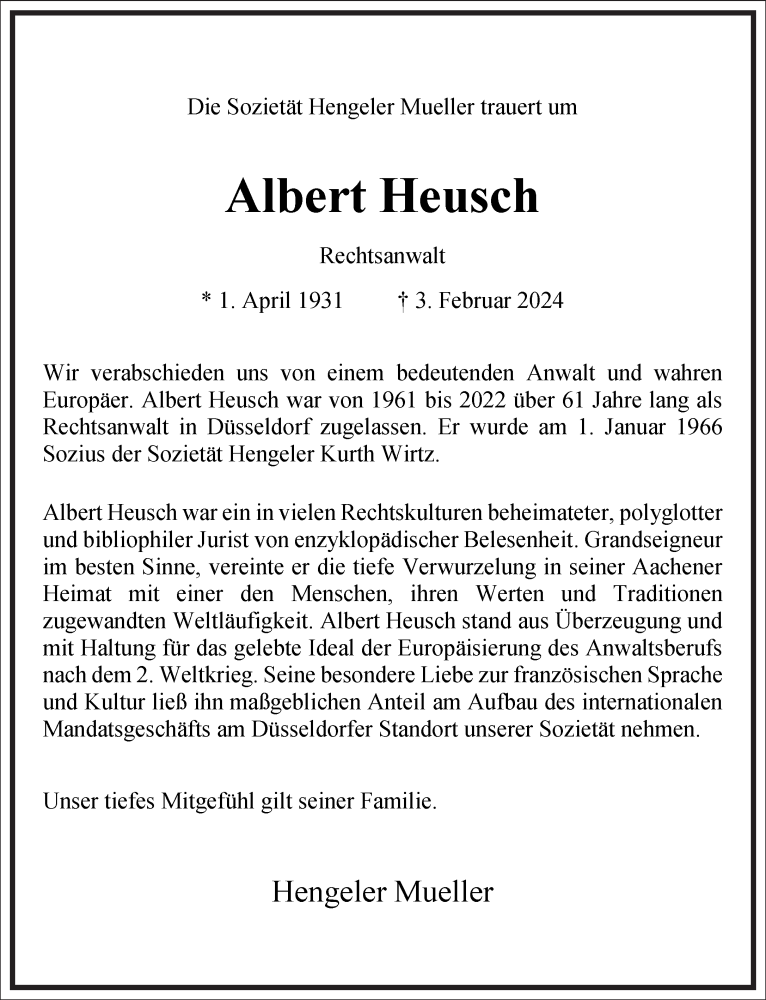  Traueranzeige für Albert Heusch vom 10.02.2024 aus Frankfurter Allgemeine Zeitung