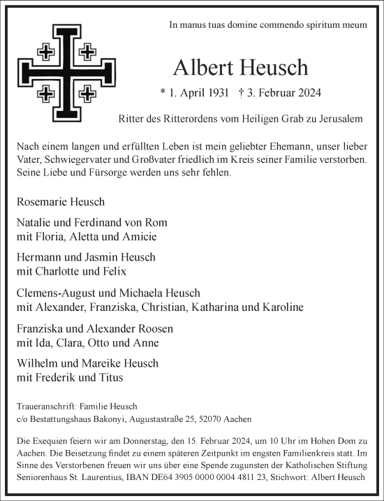 Traueranzeige von Albert Heusch von Frankfurter Allgemeine Zeitung