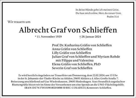 Traueranzeige von Albrecht  Graf von Schlieffen von Frankfurter Allgemeine Zeitung